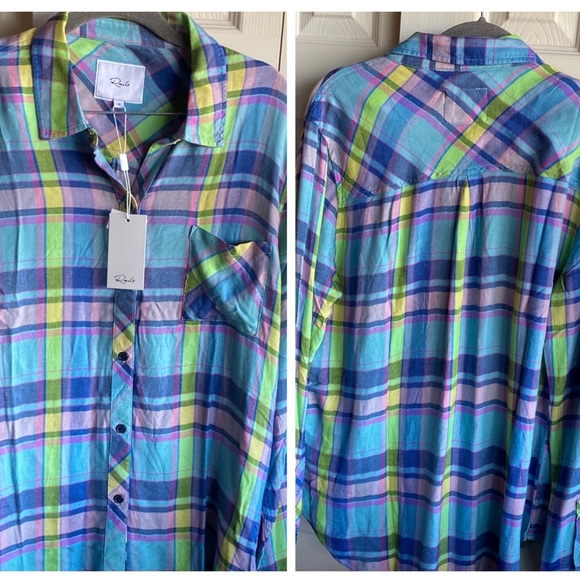 Rails NWT Hunter Lime Berry 100% Rayon Button down Long Sleeve Plaid Blouse med - Picture 5 of 15
